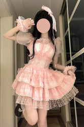 Robe Jsk Sweet Lolita en dentelle à volants multicouches Pink Pray for Dopamine